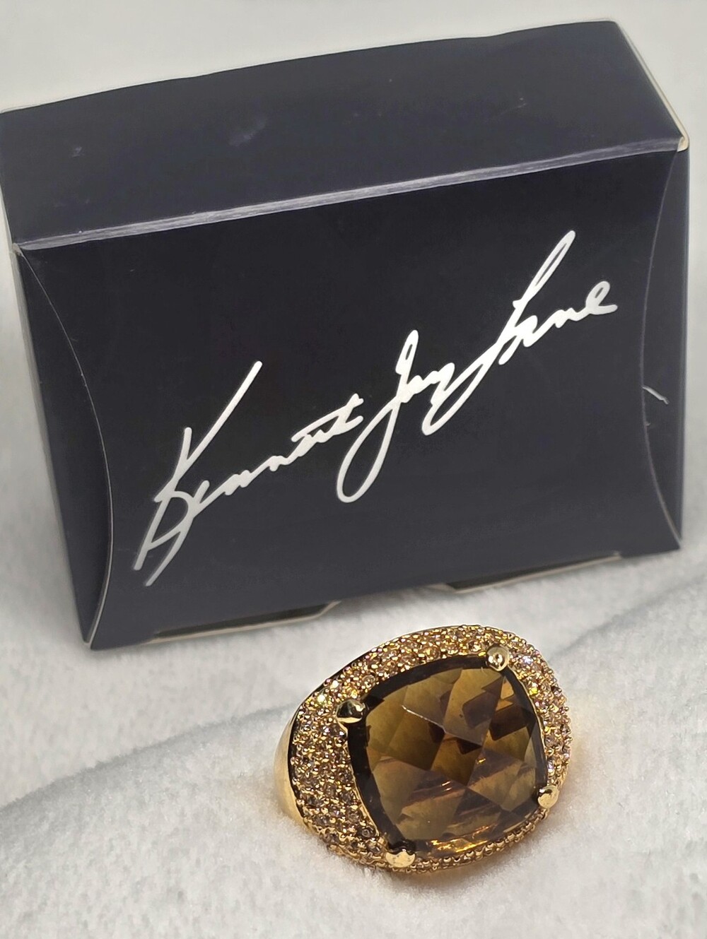 Kenneth Jay Lane KJL Smoky Brown Crystal Cocktail Ring Gold Tone Pavé M 8.5 Box